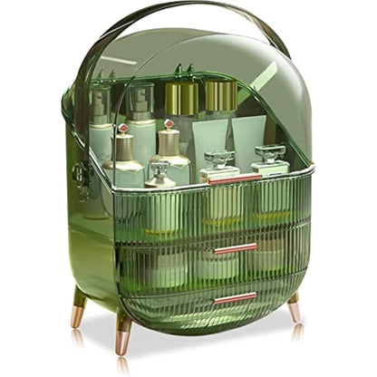 Kousee Makeup Organizer, 3 Layers Large Capacity Cosmetic Storage, Cosmetic Display Case with 2 Storage Drawers, Cosmetic Organizer for Bathroom Counter, Vanity Countertop, Bedroom-Retro Green