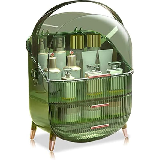 Kousee Makeup Organizer, 3 Layers Large Capacity Cosmetic Storage, Cosmetic Display Case with 2 Storage Drawers, Cosmetic Organizer for Bathroom Counter, Vanity Countertop, Bedroom-Retro Green
