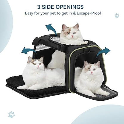 PETSFIT Soft Cat Carrier with Extendable Fleece Pet Mat, Kitty Carrier Airline Approved with Safety Leash for Pets Up to 12 Lbs (44 * 26.5 * 27CM, Black)