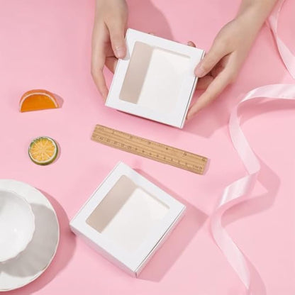 BENECREAT 16Packs 10.5x10.5x3cm Clear PVC Square Window Gift Boxes, White Kraft Paper Present Packing Boxes for Party Favor Treats, Cookies, Small Gifts or Crafts