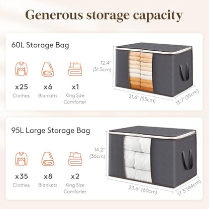 Lifewit 95L Clothes Storage Bags Large Storage Box With Lid Packing Boxes for Moving House With Reinforced Handle Thick Fabric Clear Window for Clothes Duvet Blankets Bedding, 6 Pack, Grey