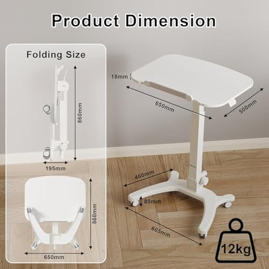 BONTEC Foldable Ergonomic Computer Workstation with Rolling Castors, Height Adjustable Standing Desk, Eco-Friendly Laptop Stand on Wheels, Portable Desk for Home Office, Bedroom, Medical Use, 65x50cm