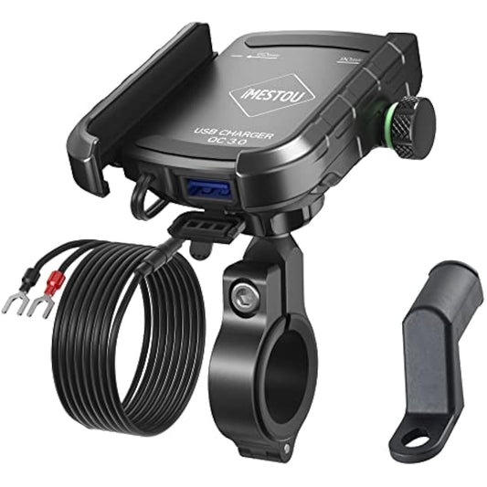 iMESTOU Aluminum Motorcycle USB Phone Mount Charger Handlebar/Rear-View Mirror Cellphone Holder Charger for 12V/24V Vehicles Compatible with 4.0-6.8 Inch Smartphones (USB Type Phone Mount)