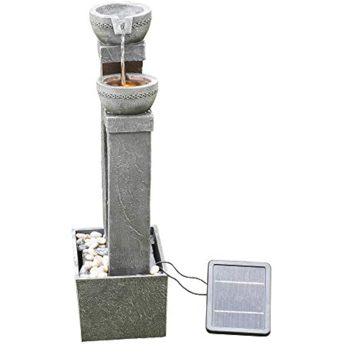 Teamson Home Solar Powered Water Feature, Indoor or Outdoor Garden Water Fountain, Indoor Waterfall with Battery Back Up and LED Lights, 3 Tier, Grey