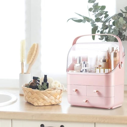 LINFIDITE Cosmetic Storage Box with Lid Makeup Organizer Box with Dust Free Cover Portable Handle,Large Makeup Display Case with Drawers Fully Open Lid,Great for Bathroom Countertop Bedroom Dresser