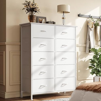 CAIYUN Chest of Drawers Bedroom with 10 Drawers, Tall Fabric Storage Organizer Clearance with Wood Top and Large Storage Space, for Bedroom, Living room, Entryway, Tv Stand, Closet, White