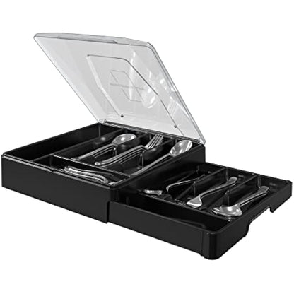 WURDON Double Layer Flatware Organizer with Lid, Cutlery Tray for Countertop Silverware Tray for Kitchen Drawers with 2 Tier Utensil Holder and 9 Compartments Silverware Storage Bin (Black)