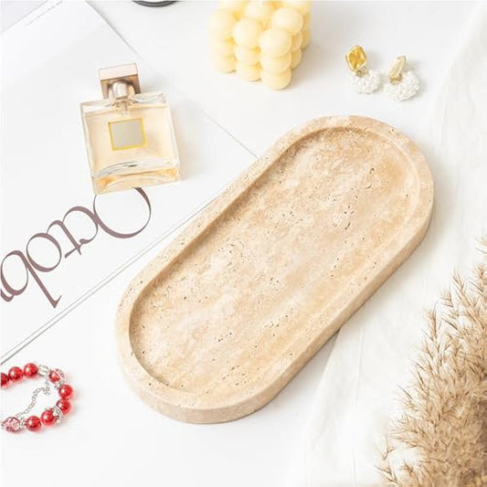 WORHE Italy Natural Travertine Stone Tray for Jewelry, Candles, Perfume, Trinket, Marble Oval Vanity Trays for Bathroom, Dresser, Kitchen, Countertop Storage Organizer for Home Decor Beige BH102