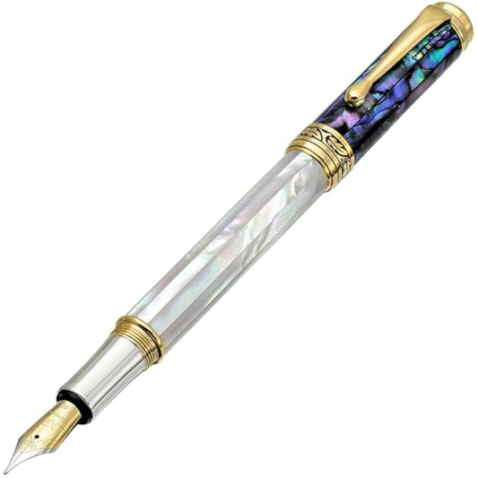 Xezo Maestro Fountain Pen, Medium Nib. Iridescent Oceanic Origin White Mother of Pearl and Pāua Sea Shell. 18 Karat Gold and Pure Platinum Plating. No Two Alike
