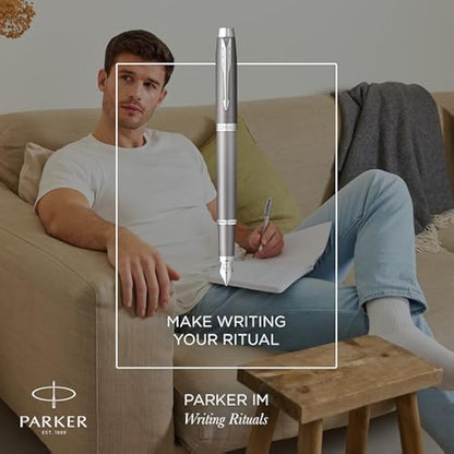 PARKER IM Writing Rituals Fountain Pen, Grey Finish with Gradient, Chrome Trims, Medium Nib, Blue Ink, Gift Box