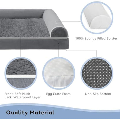 WESTERN HOME Dog Beds Large Washable,Soft Orthopedic Dog Beds with Removable Washable Cover with U-Shape Bolster Dark Grey,91 x 68 x 16.5 cm