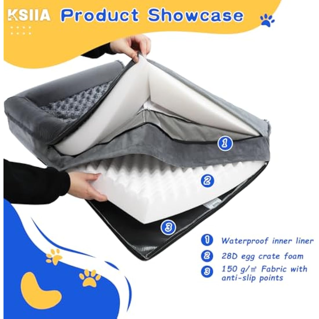 KSIIA Extra Large Dog Bed, XL Orthopedic Dog Sofa Beds with Removable Washable Cover, Waterproof Dog Bed, Pet Sofa Bed with U-Shape Bolster, Grey 111x81x18cm