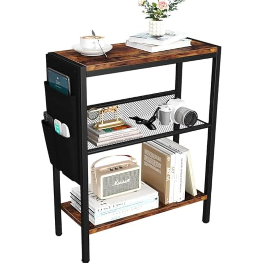 Yusong Small Narrow Side Table for Small Spaces, Slim End Table with Storage Bag, Sofa Snack Table with Adjustable Metal Mesh, 3 Tier Accent Skinny Beside Table for Living Room & Bedroom, Rustic Brown