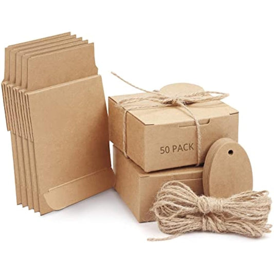 Belle Vous Small Gift Boxes with Lids (50 Pack) - Brown Kraft Boxes for Gifts with Rope & Tags - Wedding Favour Boxes/Gift Boxes Bulk Set - 7.5 x 7.5 x 3.5cm/2.95 x 2.95 x 1.37 Inches