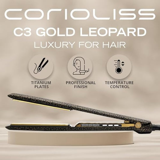 Corioliss C3 Hair Straightener for Women | Professional Extra Long Titanium Plates | Ionic Flat Iron | Temperature Control 135°C-235°C | 20-Second Heat-Up | Travel Case | UK Plug | Leopard Gold