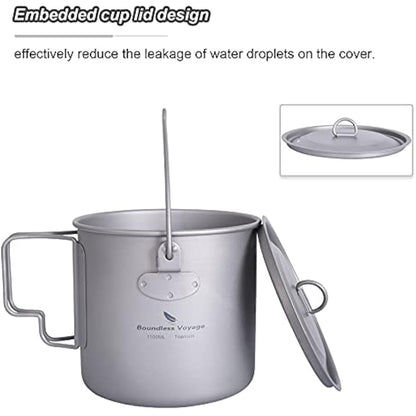 Boundless Voyage Outdoor 1100ml Titanium Pot with Lid Folding Bail Handle Camping Hiking Picnic Ultralight Portable Water Bottle Cup Mug Spork Set