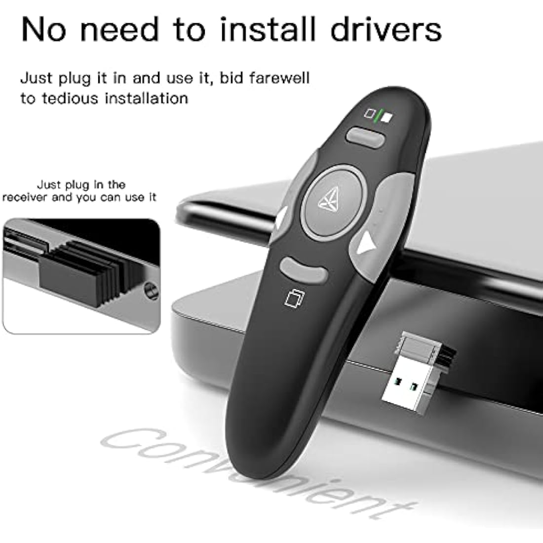 QUI Presentation Clicker Pointer, 328FT Wireless Presenter Remote PPT PowerPoint Clicker, 2.4GHz Presentation Pointer Slide Advancer for Mac, Laptop (Green Function Indicator Light)