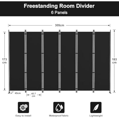 Kokorona 6 Panel Room Divider, 6FT Tall Folding Privacy Screen Wall Dividers, Portable Privacy Screen Freestanding Room Divider for Room Separation, Included-Cover Strips, Black, W 305 x H 183 cm
