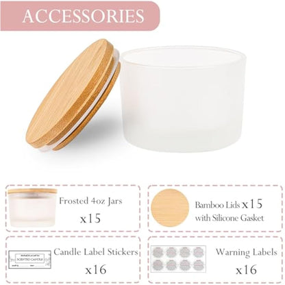 CONNOO 15 Pack 4 OZ Frosted Glass Candle Jars with Airtight Bamboo Lids, Bulk Small Wide Mouth Empty Candle Containers with Sticky Warning Labels - Dishwasher Safe