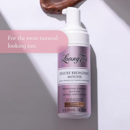 Loving Tan Deluxe Bronzing Mousse, Medium - Streak Free, Natural looking, Professional Strength Sunless Tanner - Up to 5 Self Tan Applications per Bottle, Cruelty Free, Naturally Derived DHA - 120ml