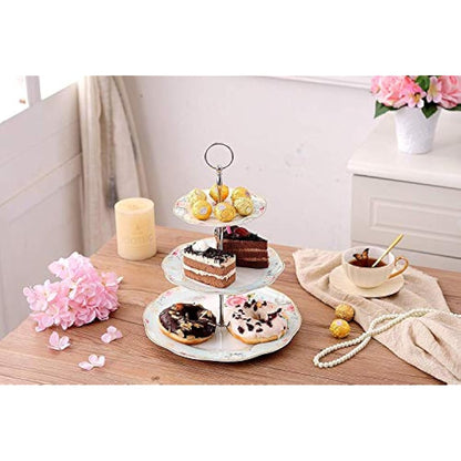 YBK Tech Vintage 3 Tier Porcelain Cake Stand Dessert Display Stand Cakes Platter Food Rack (Light Blue)