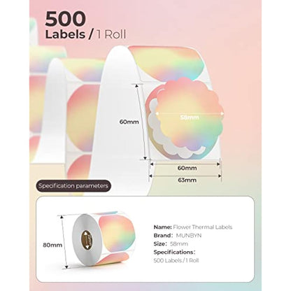 MUNBYN Flower Thermal Label Stickers, 58mm x 58mm Rainbow Colour Thermal Labels, Multi-Purpose Stickers for Business, DIY Logo Design, 500 Sheet/1 Roll