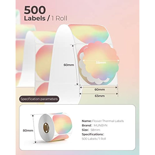 MUNBYN Flower Thermal Label Stickers, 58mm x 58mm Rainbow Colour Thermal Labels, Multi-Purpose Stickers for Business, DIY Logo Design, 500 Sheet/1 Roll