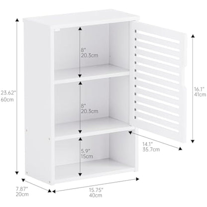 HITNET White Bathroom Wall Cabinet, Bamboo Medicine Cabinet, Single Door Hanging Storage Cupboard with Adjustable Shelf