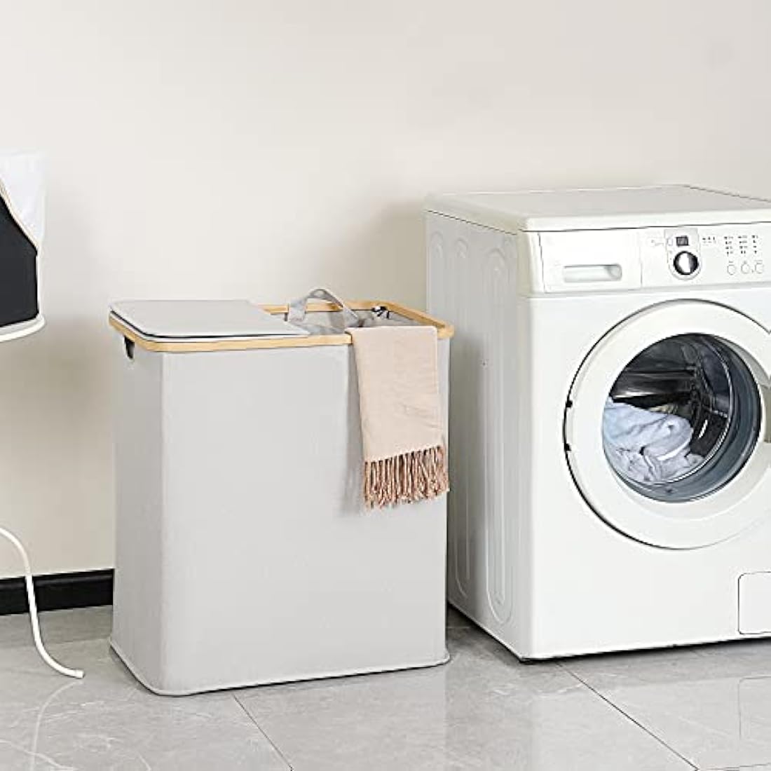 efluky 140L Laundry Baskets with Lid 2 Compartments, Large Laundry Hamper, Double Laundry Basket Laundry Storage with 2 Removable Bags, Light Grey