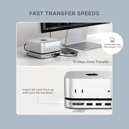 SATECHI Mac Mini M4 Hub & Stand with NVMe SSD Enclosure, Dock with 2 USB-A Up to 10Gbps Ports, USB-A Data Port, SD Card Reader for Mac Mini M4, M4 Pro - Silver