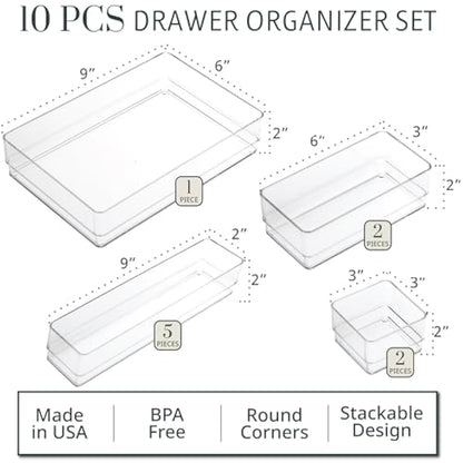 STORi SimpleSort 10-Piece Stackable Clear Drawer Organizer Set | Multi-size Trays | Makeup Vanity Storage Bins and Office Desk Drawer Dividers | Made in USA