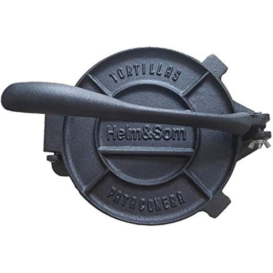 Helm & Som Pre-Seasoned Cast Iron Tortilla Press Pataconera (8 inch) | 100 Pieces of Parchment Paper Included | Tortilla Maker| Roti Press | Perfect for Your Home or Restaurant