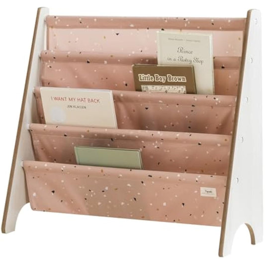 3 Sprouts Recycled Fabric Kids Bookshelf – 4-Tier Sling Book Rack Storage - Kids Room Book Shelves, Nursery, Playroom, Classroom - Bookcase Display Shelf for Toddler, Children Age 3+ - Terrazzo Clay
