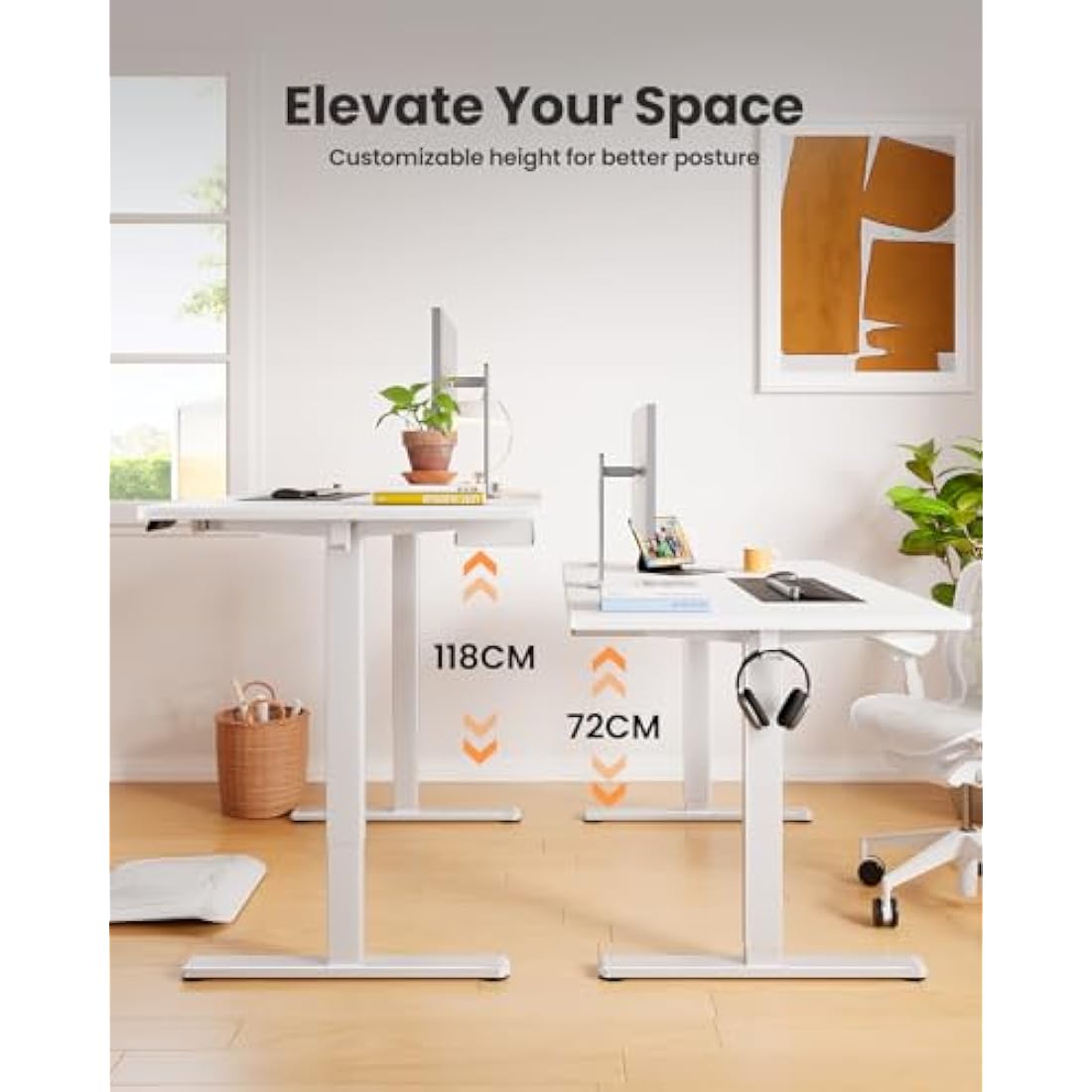 ErGear Electric Standing Desk 160 x 80 cm, Height Adjustable Desk, Sit Stand Table with Easy-Glide Drawer & 4 Memory Smart Pannal, T-Leg Design for Stability, Splice Board, White Frame & Surface