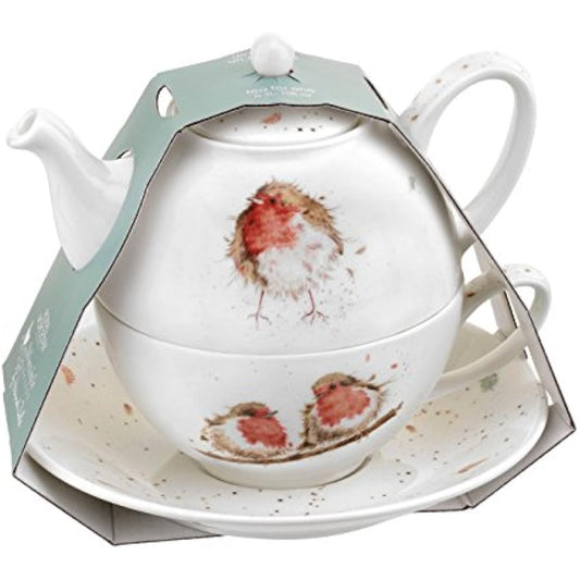 Portmeirion Home & Gifts Wrendale Tea for One with Saucer (Robins), Bone China, Multi Coloured, 16.5 x 16.5 x 15 cm