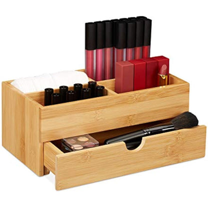 Relaxdays Bamboo Cosmetics Organiser, Multifunctional, 4 Compartments & Drawer, Desk Storage, Natural