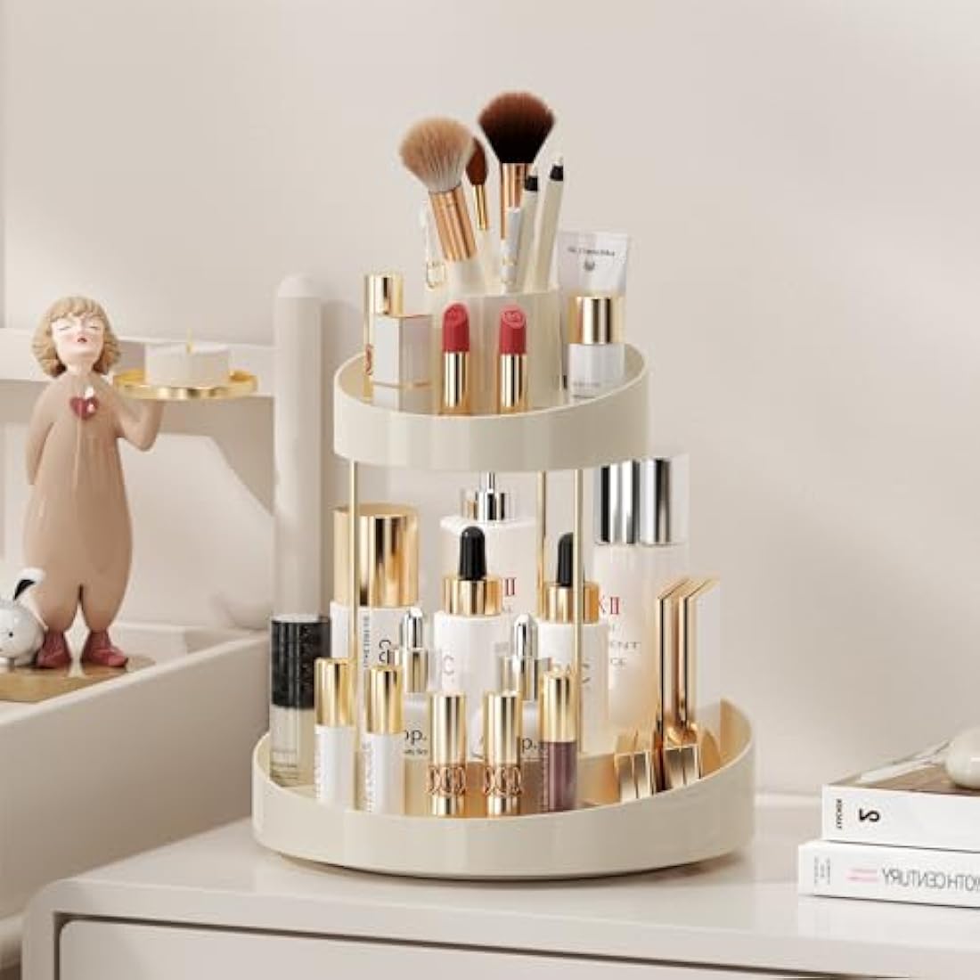 Baoswi 360° Rotating Makeup Organiser, 2 Tiers Perfume Organiser, Skincare Cosmetic Organiser, Dressing Table Organiser for Lipsticks, Makeup Brushes, Lotion, Perfume, Cosmetic (Beige)