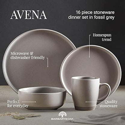 Barbary & Oak BO867007GRY Avena 16 Piece Dinnerware Set, Stoneware, Fossil Grey