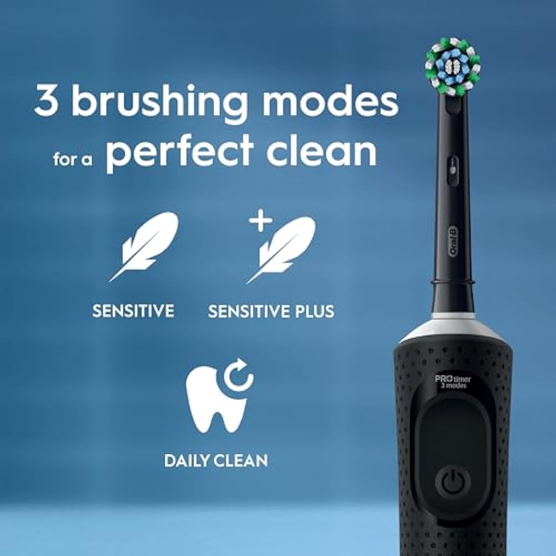 Oral-B Vitality Pro Electric Toothbrushes for Adults, for Him/Her, 1 Handle, 2 Toothbrush Heads, 3 Brushing Modes Including Sensitive Plus, 2 Pin UK Plug, Black (Packing May Vary)
