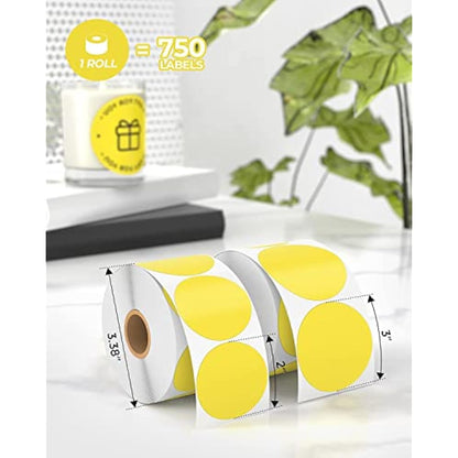 MUNBYN 50x50mm Yellow Circle Thermal Sticker Labels, Self-Adhesive Round Direct Thermal Labels, Multi-Purpose Roll Sticker for DIY Logo Design, QR Code, Name Tag, Inventory-750 Sheet/1 Roll