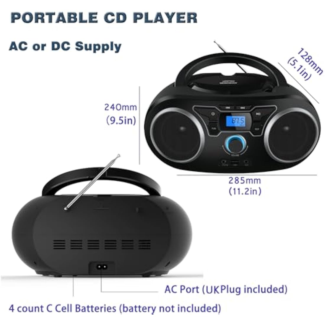 Portable Personal CD Player with FM Radio Stereo Sound, Bluetooth, USB, AUX-IN, Headphone Output, MP3 CDs Compatible, Clear and Full Sound, AC/DC Operated for Home or Outdoor