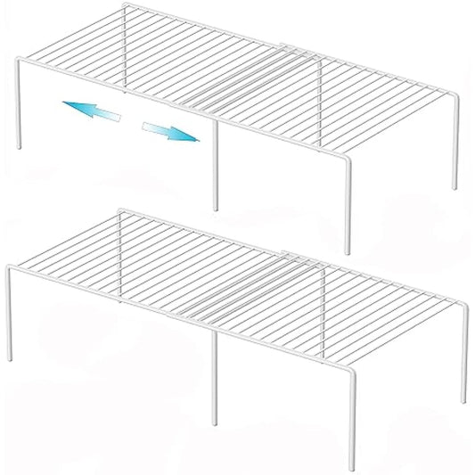 iPEGTOP Freezer Cabinet Storage Shelf, Expandable Metal Rustproof Spice Rack, Adjustable Kitchen Organizer Counter Fridge Pantry Shelf Space Saver, White, Set of 2