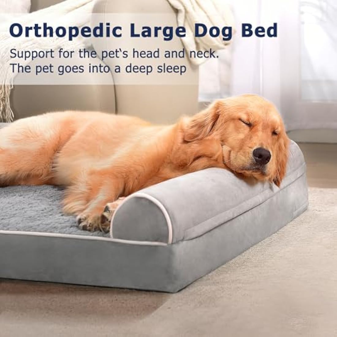 WESTERN HOME Dog Beds Large Washable, Soft Orthopedic Dog Beds with Removable Washable Cover, Extra Large Waterproof Pet Bed with U-Shape Bolster Grey, 127 x 91 x 19 cm