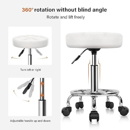 KKTONER Round Rolling Stool Chair PU Leather Height Adjustable Swivel Drafting Work SPA Shop Salon Stools with Wheels Office Chair Small (White)