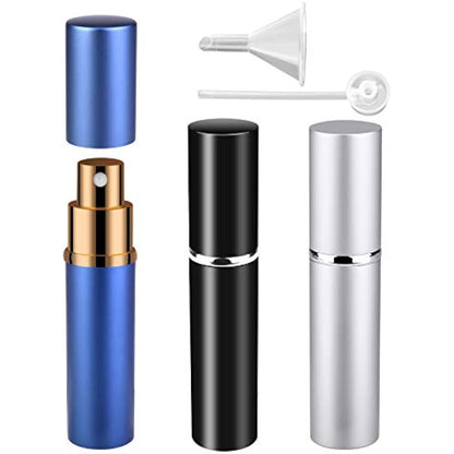 Refillable Travel Perfume Atomiser Bottles, Zingso 3 Pcs 10ml Mini Portable Spray Bottles Refillable Perfume Aftershave Atomiser Empty Travel Bottles with Funnel (10ml (Black+Silver+Blue))