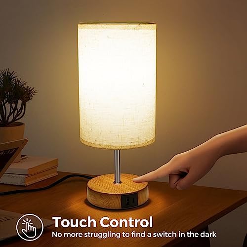 Suright Bedside Lamps Set of 2, Touch Lamps Bedside with USB A+C Charging Ports, 3-Way Dimmable Table Lamp with Linen Fabric Shade, Small Table Lamp for Bedroom Living Room (LED Bulb Included)