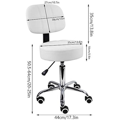 KKTONER Round Rolling Stool with Back PU Leather Height Adjustable Swivel Drafting Work SPA Salon Stools Chair with Wheels (White)