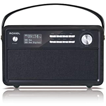 Roxel Retro D1 Vintage DAB+/FM Radio Wireless Speaker | Bedside Alarm Clock with Sleep Function. Rustic Exterior, Mains and USB Rechargeable, TF card, AUX and USB Compatible (Black)