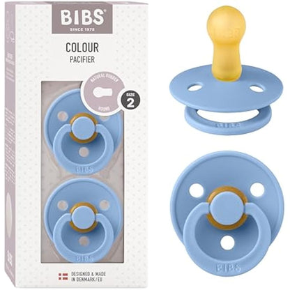 BIBS Colour Soother 2-Pack, BPA Free Dummy Pacifier, Round Nipple. Natural Rubber Latex, Made in Denmark, Size 2 (6-18 Months), Sky Blue