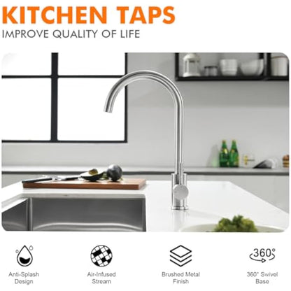 GRIFEMA G4008 Kitchen Sink Taps Mixer with Single Lever High Arc 360°Swivel, Stainless Steel Kitchen Mixer Taps 1 hole with Chrome Finish, Classic Design[Energy Class A+]